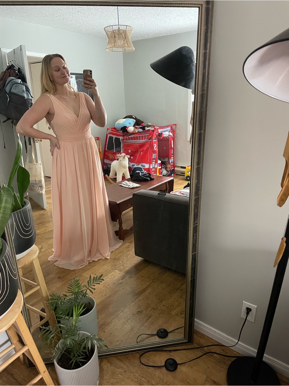 Azazie Peach Chiffon V-Neck Maxi Dress